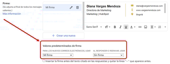Sección de los valores predeterminados de firma de Gmail