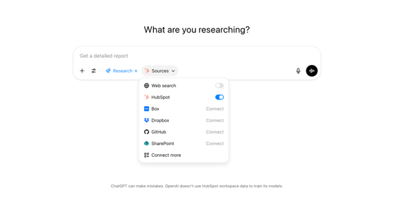 Captura de pantalla de ChatGPT con la investigación en profundidad configurada y HubSpot activado como fuente.
