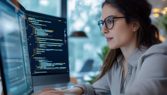 a business woman on a laptop and she is working on code building an integration