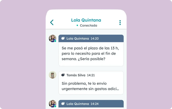 Imagen de la aplicación de CRM móvil de HubSpot donde se muestra el chat con una clienta.
