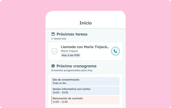 Captura de la aplicación de CRM móvil de HubSpot que muestra las próximas tareas y reuniones.