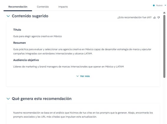 Ejemplo de recomendación de contenido en HubSpot AEO