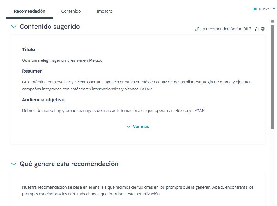 Ejemplo de recomendación de contenido en HubSpot AEO