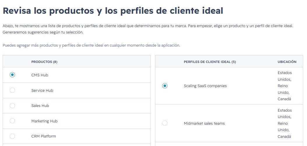 Productos y perfiles de cliente en HubSpot AEO
