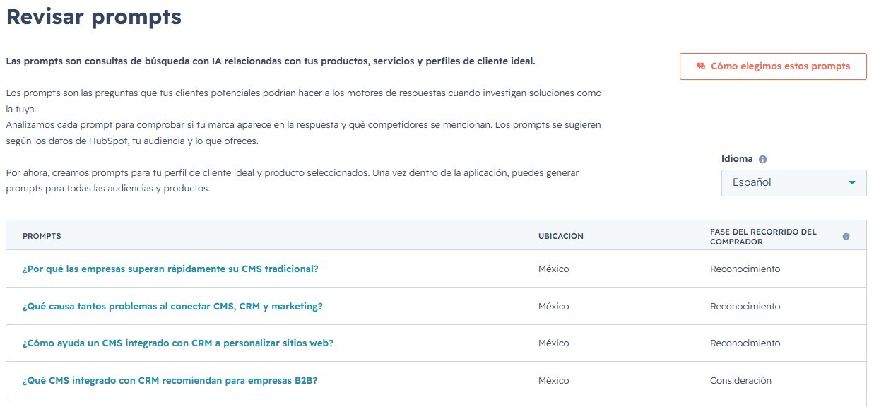 Ejemplos prompts HubSpot AEO