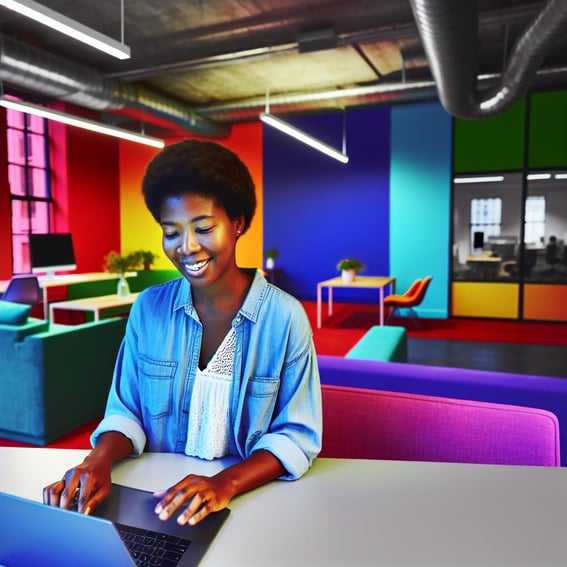 An African American woman sits at her modern desk in a bright and colorful office space typing away on her laptop
