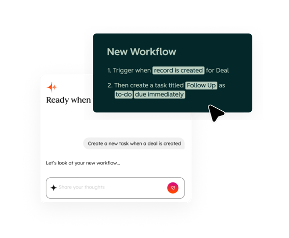 Interfaz de HubSpot con un usuario pidiendo al asistente de Breeze que cree una nueva automatización cuando se genere un negocio, y el asistente de Breeze solicitando al usuario que especifique los ajustes del nuevo workflow que está creando, incluido el nombre de la tarea y la fecha límite.