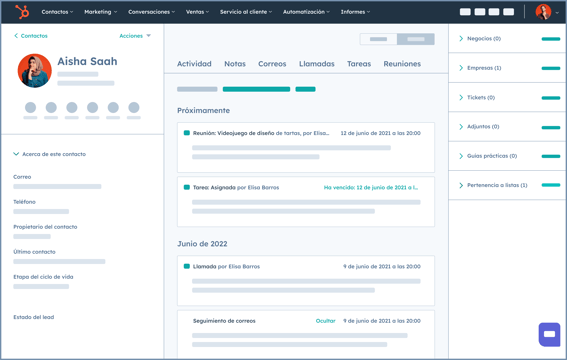 Página de registro de contacto en la plataforma CRM de HubSpot.