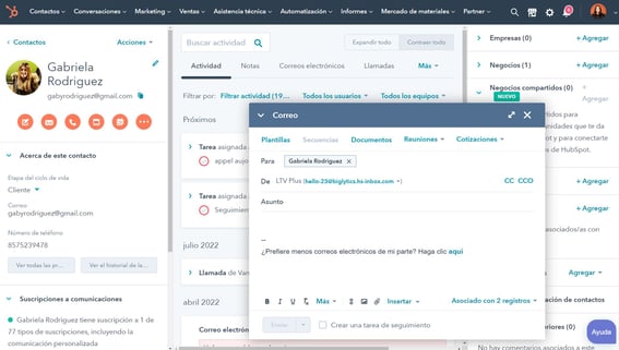 Ejemplo de comunicación en HubSpot
