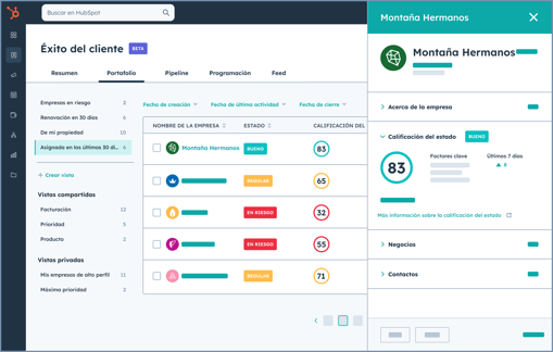 Interfaz del espacio de gestión del éxito del cliente de HubSpot en la que se muestra el estado de cada cliente, la calificación del estado y muchos otros aspectos.