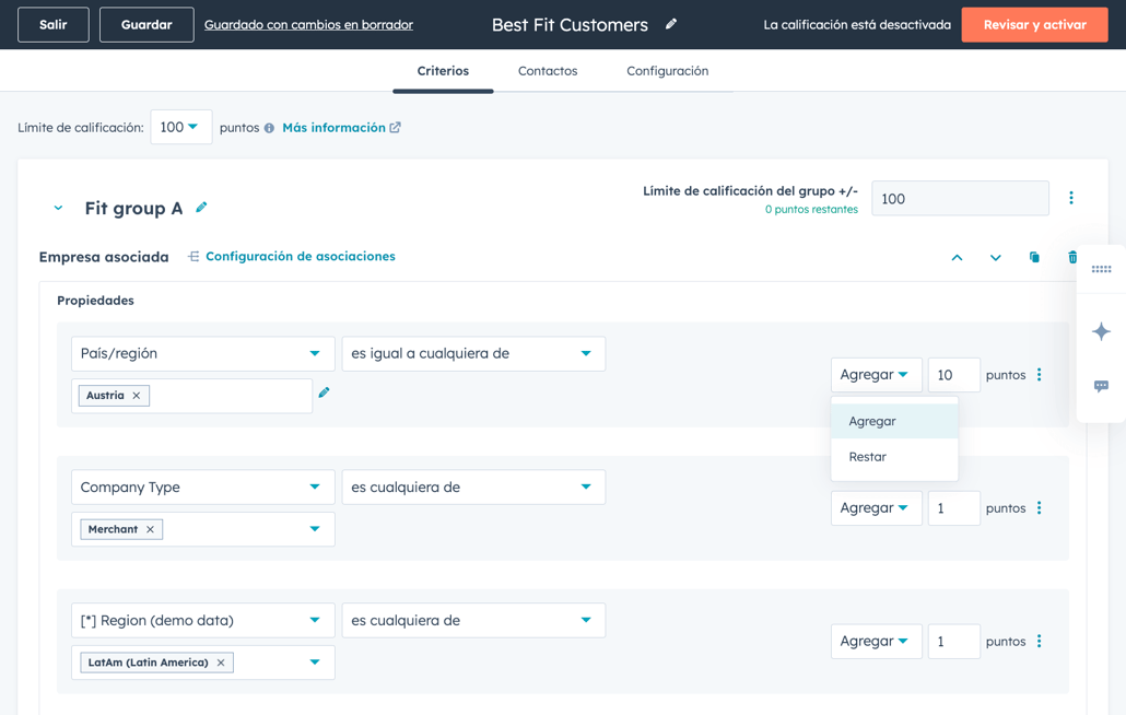 Imagen de criterios de calificación de leads en HubSpot