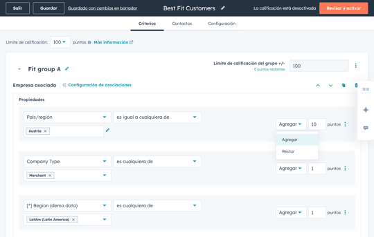 Imagen de criterios de calificación de leads en HubSpot