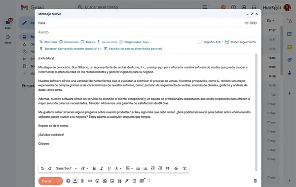 Email de ventas generado con la IA de HubSpot