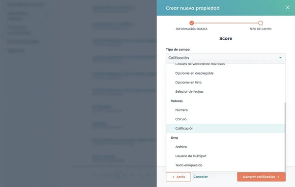 Imagen de creación de una propiedad dentro de HubSpot
