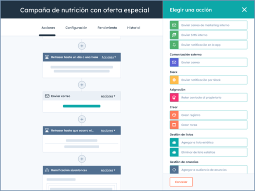 Configuración de un workflow de nutrición de leads en la herramienta de automatización de HubSpot.