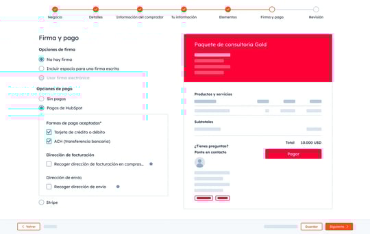 Interfaz del software para cotizaciones de HubSpot, en la que se ven los campos de los detalles de la cotización