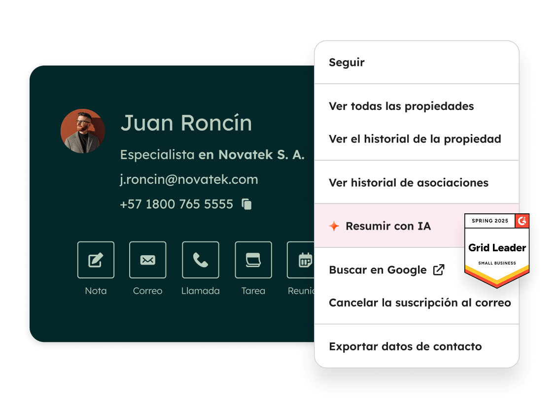 Una tarjeta de registro de contacto en HubSpot que muestra la información del contacto y varias acciones que se pueden realizar, como llamar, enviar correos electrónicos, tomar notas, ver el historial de propiedades y resumir con IA. También muestra que el CRM de HubSpot ha ganado un premio de G2 como líder en el cuadrante para pequeñas empresas en la primavera de 2025.