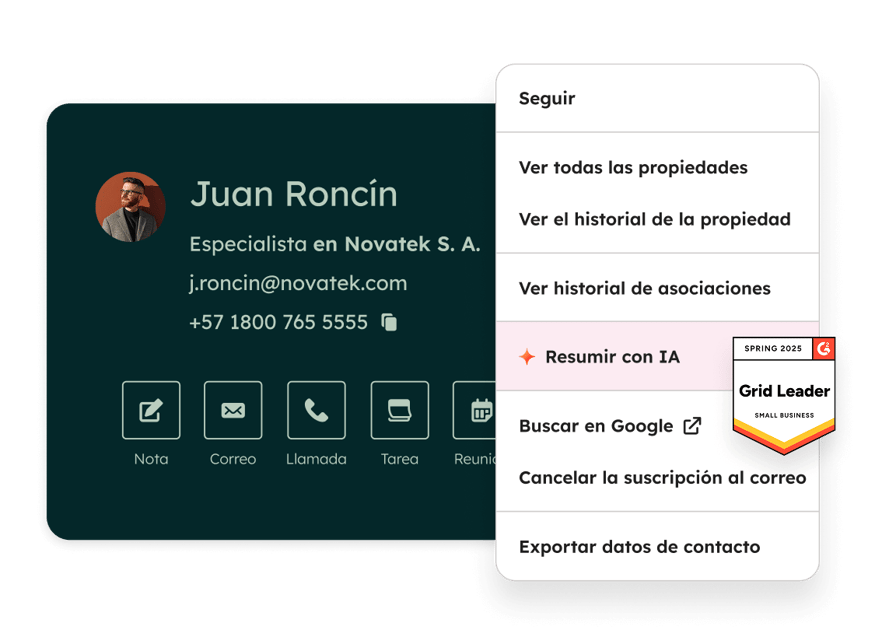 Una tarjeta de registro de contacto en HubSpot que muestra la información del contacto y varias acciones que se pueden realizar, como llamar, enviar correos electrónicos, tomar notas, ver el historial de propiedades y resumir con IA. También muestra que el CRM de HubSpot ha ganado un premio de G2 como líder en el cuadrante para pequeñas empresas en la primavera de 2025.