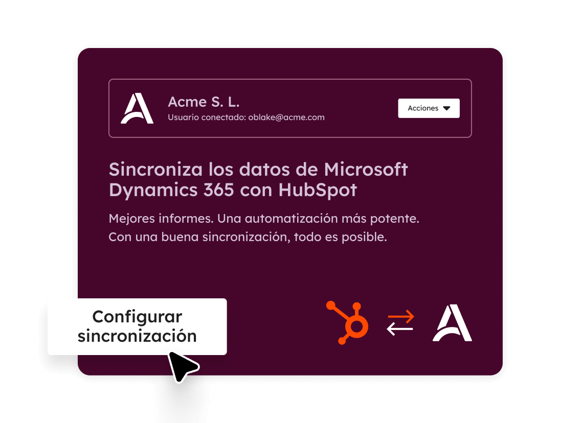 Una visualización que muestra a un usuario configurando la sincronización de datos entre una herramienta de terceros como Microsoft Dynamics 365, de modo que los datos fluyan entre Microsoft Dynamics y HubSpot.