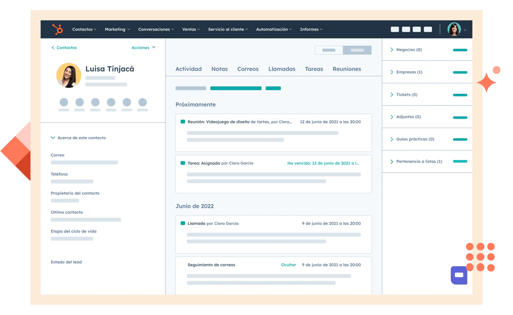 Interfaz de usuario simplificada de HubSpot que muestra un registro de contacto en HubSpot Smart CRM, donde puedes ver información relacionada con la actividad del contacto, notas, correos electrónicos, llamadas, tareas y reuniones.