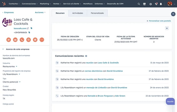 Historial de las acciones de un lead en un registro de contacto de HubSpot.