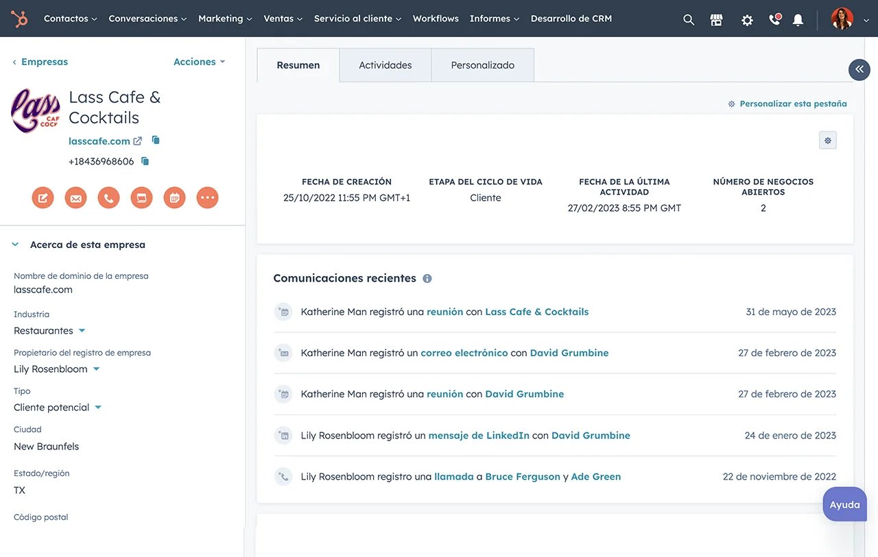 Historial de las acciones de un lead en un registro de contacto de HubSpot.