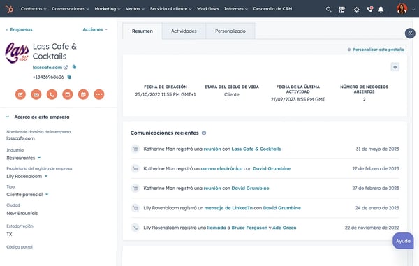 Captura de pantalla del software de gestión de contactos donde se muestran las notas en un registro de contacto.