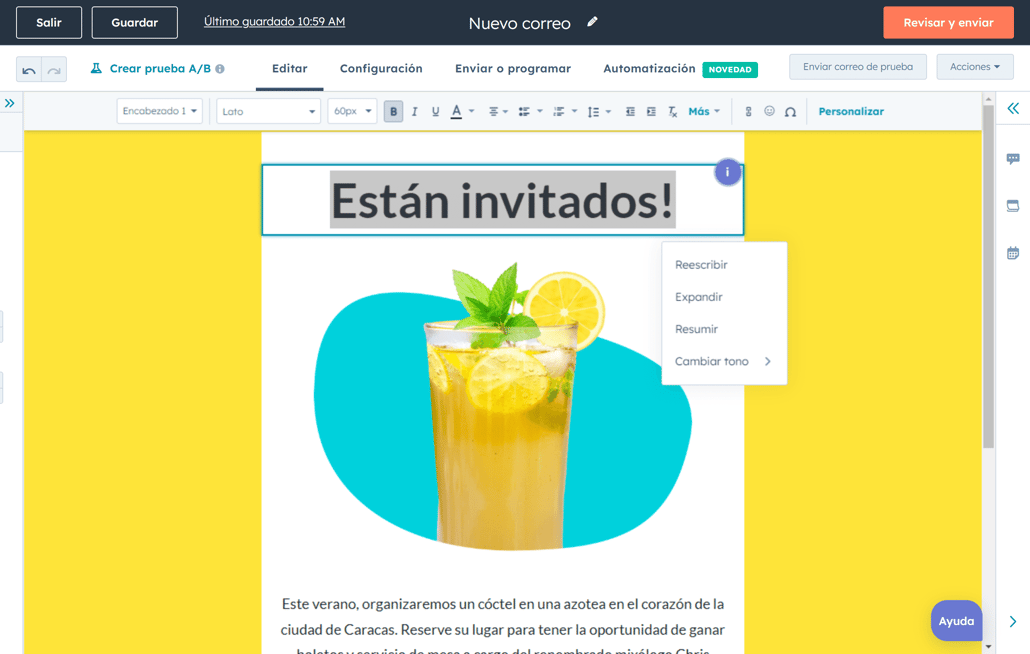 Interfaz de la IA para redactar textos de HubSpot