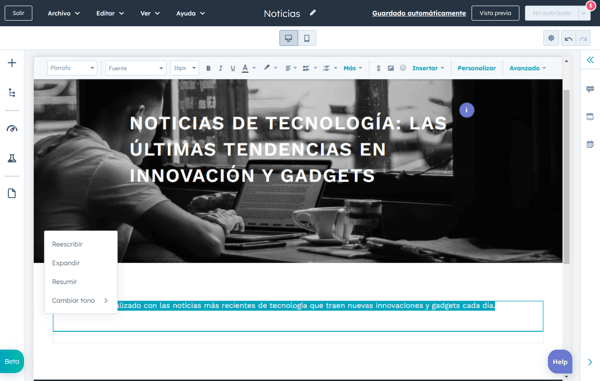 El redactor de textos con IA es compatible con muchas características de edición de texto enriquecido
