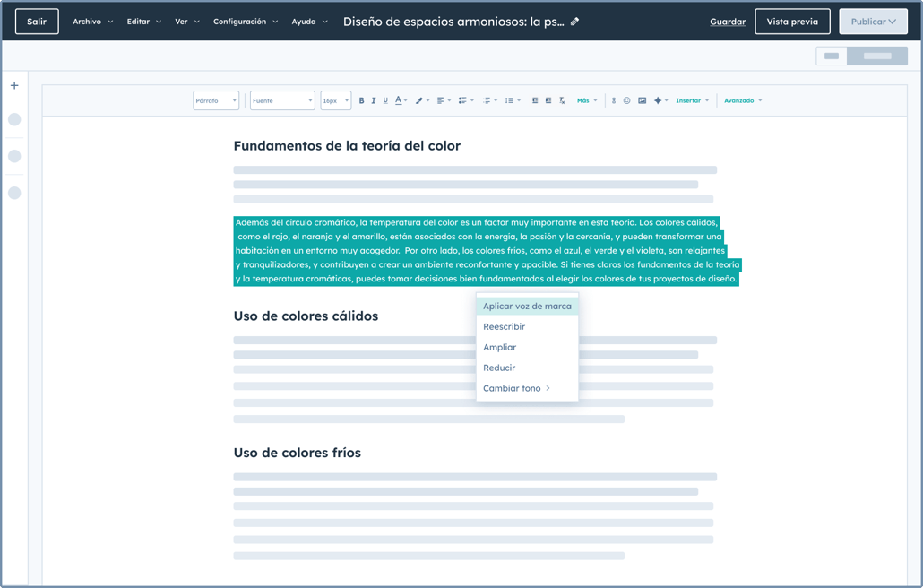 Opción de voz de marca en la edición de textos con IA