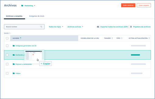 Interfaz del administrador de archivos de HubSpot donde los usuarios pueden gestionar todos sus recursos de contenido.