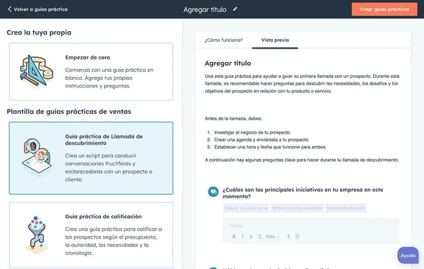 Captura de pantalla del software de HubSpot mostrando las opciones para crear un nuevo guion de ventas.