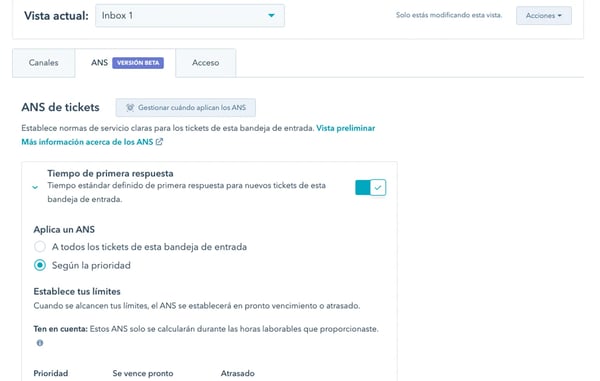 Configuración de los ANS en Service Hub.