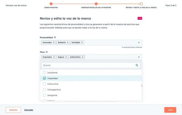 Adaptación de la voz de marca con las funciones de personalidad y tono