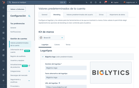 Ventana de la configuración de branding en HubSpot