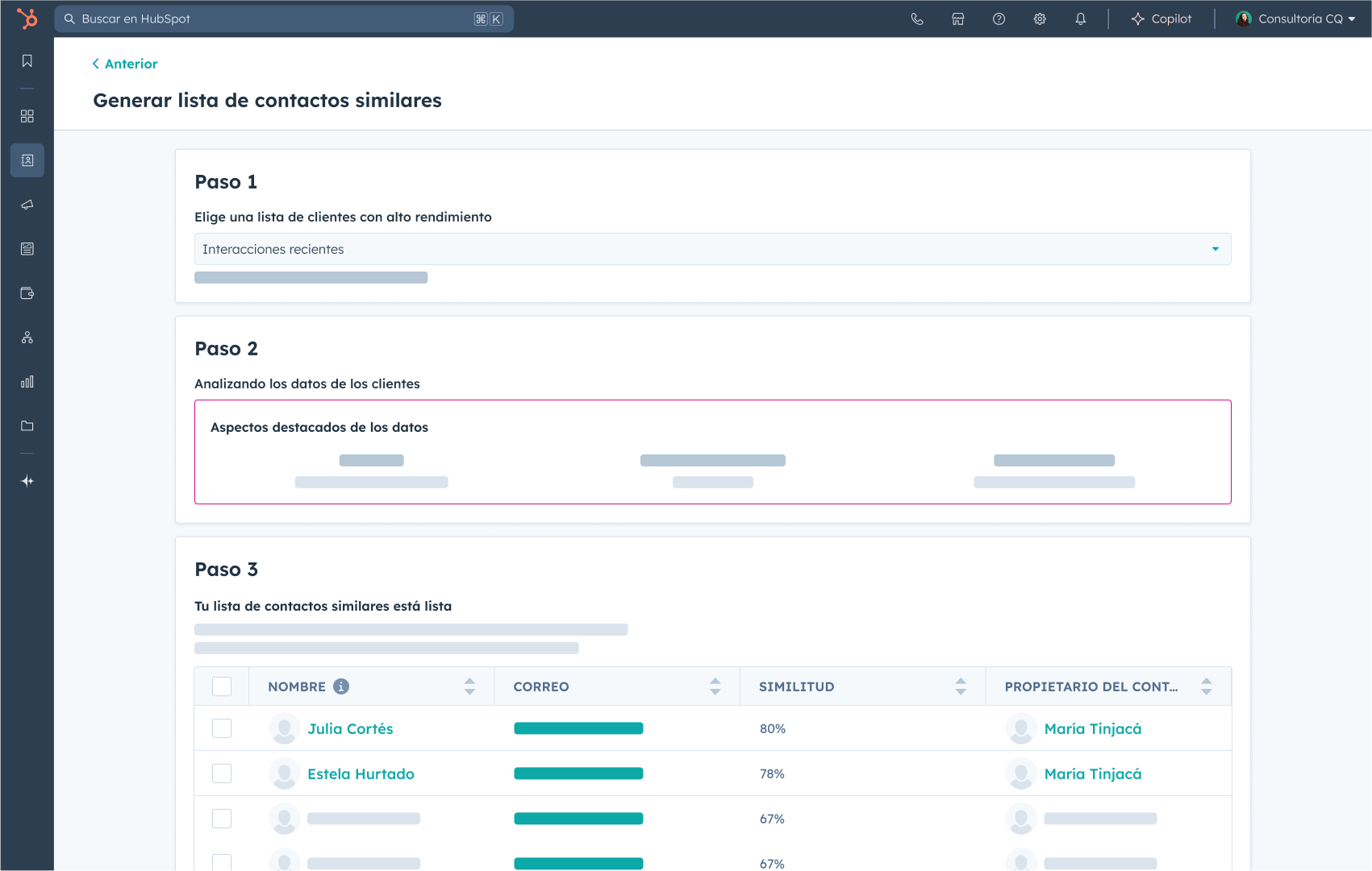 Imagen del software de hubspot con los pasos para crear una lista lookalike