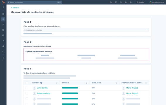 Imagen del software de hubspot con los pasos para crear una lista lookalike