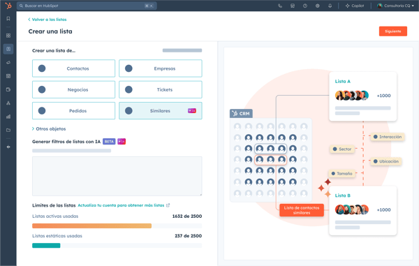 Imagen del proceso de creación de una lista lookalike en hubspot