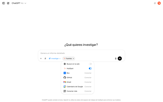 Captura de pantalla de ChatGPT con la investigación en profundidad configurada y HubSpot activado como fuente.