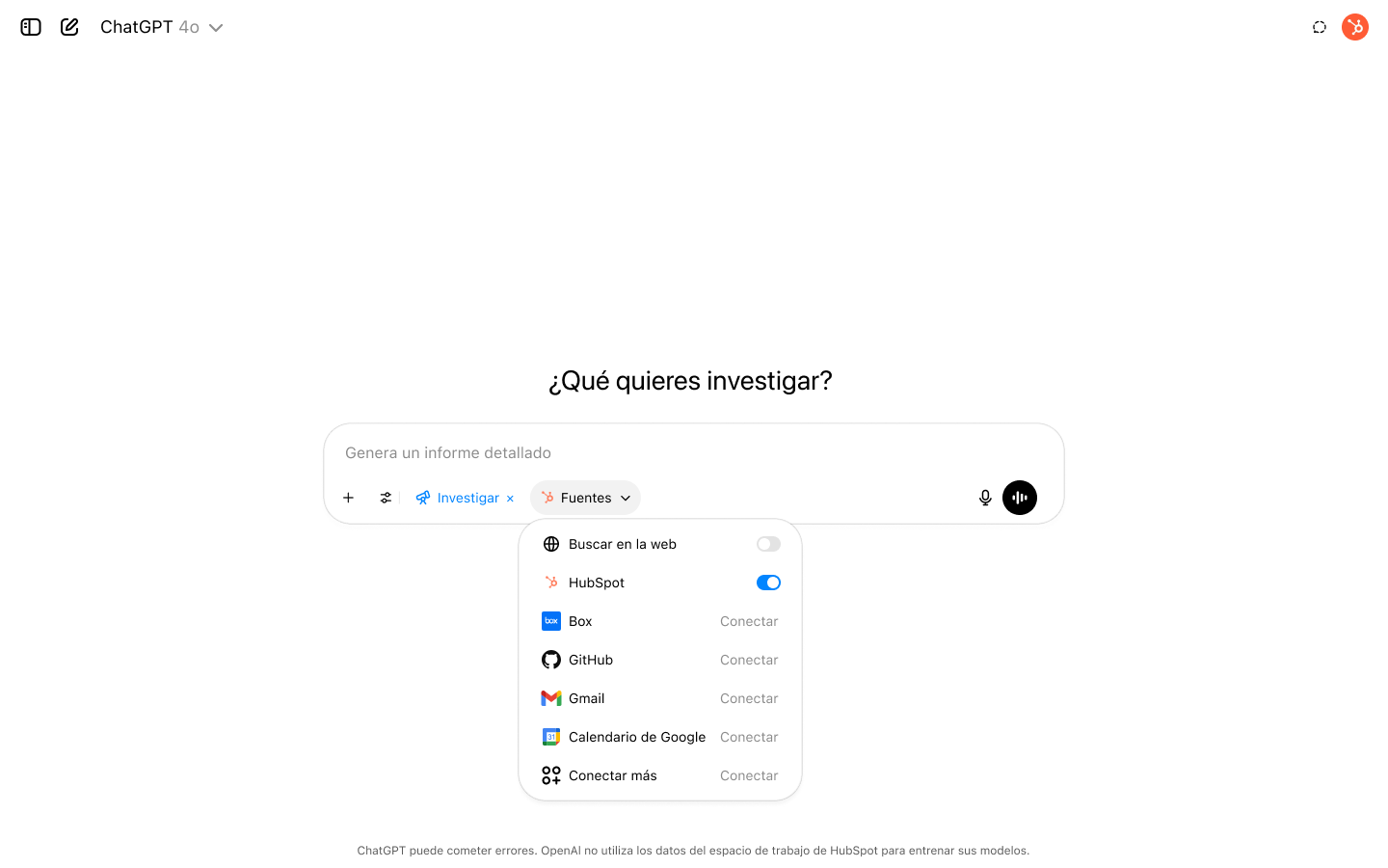 Captura de pantalla de ChatGPT con la investigación en profundidad configurada y HubSpot activado como fuente.