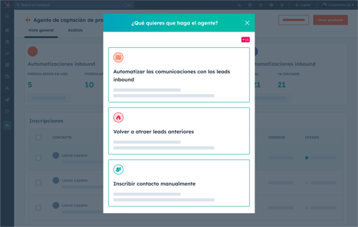Las distintas funciones del agente de prospección con IA: automatización de la captación de leads inbound, restablecimiento de la relación con leads anteriores, inscripción manual de un contacto.