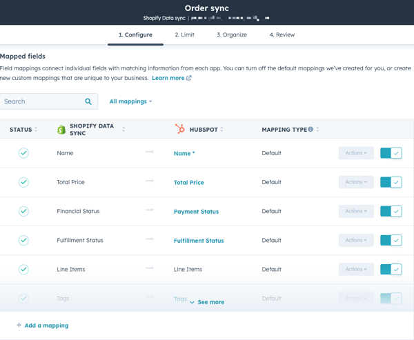 Configuartion des champs personnalisés Shopify dans HubSpot