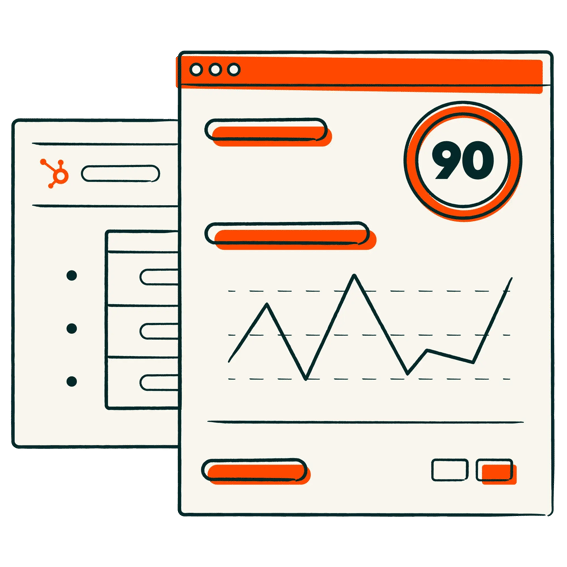 Interfaz HubSpot con puntuación 90, barras de progreso naranja y gráfico de líneas de rendimiento.