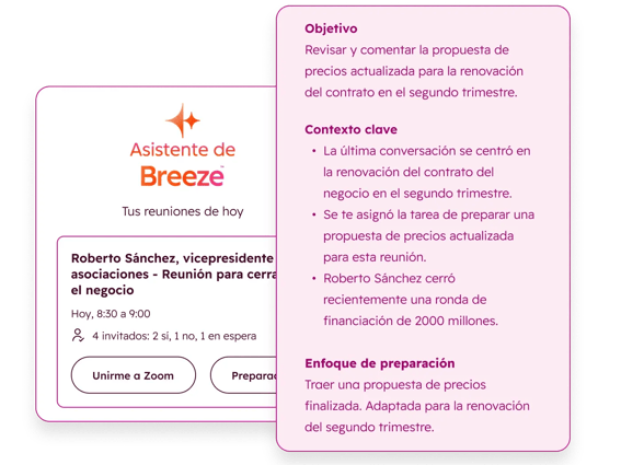Interfaz de HubSpot con el asistente de Breeze proporcionando analíticas sobre una reunión próxima en el calendario del usuario: el objetivo de la reunión, contexto clave en formato de lista y los puntos de preparación más importantes.