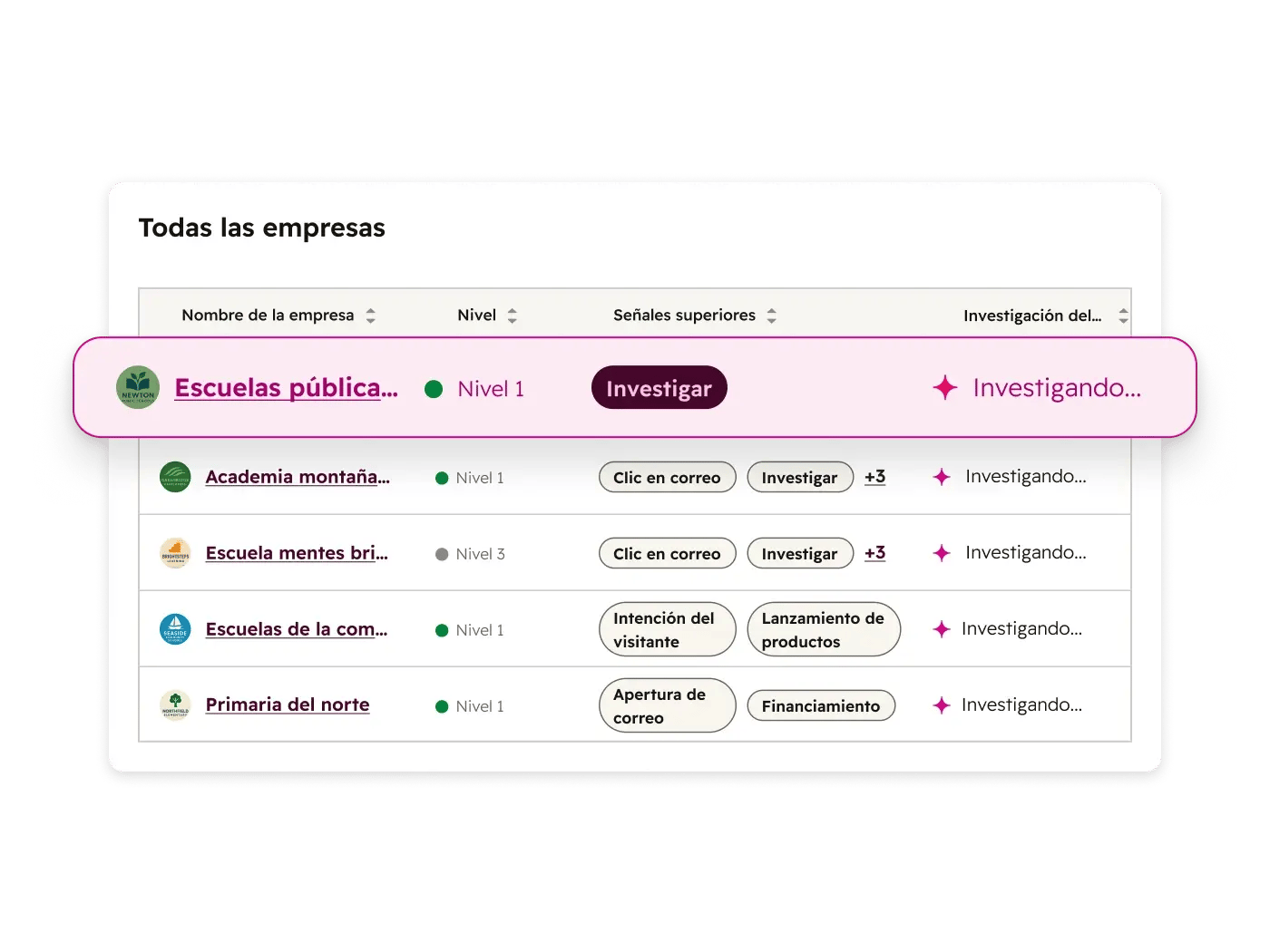 Interfaz del agente de prospección de Breeze buscando empresas