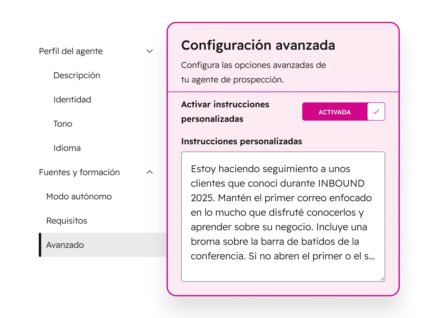 Interfaz del agente de prospección de Breeze personalizando los mensajes