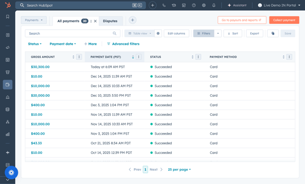 Pantalla de índice de pagos que muestra el estado del pago, las fechas y los filtros