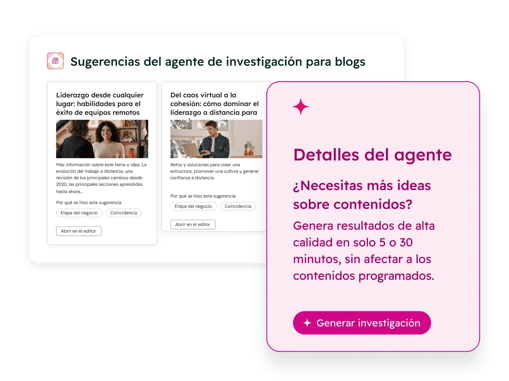 Se muestra a un usuario de HubSpot utilizando el asistente de investigación de blogs con IA para sugerir nuevas ideas de contenido.