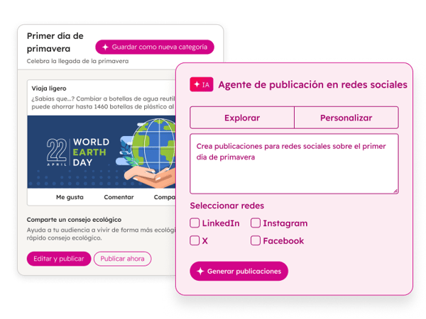 Publicaciones en redes sociales programadas a través de HubSpot para varios canales