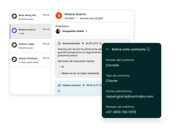Imagen de interfaz de integración de hubspot y whatsapp